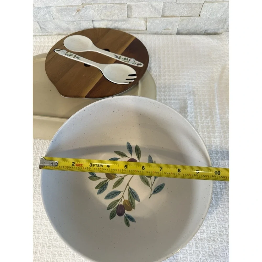 Better Homes & Gardens Olive Grove Salad Bowl Tray Wood Lid Utensils 5 Pc Set